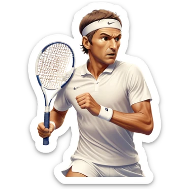 Cinematic Realistic portrait of Goran Ivanišević, depicted as an iconic tennis player in dynamic motion with detailed athletic gear and intense focus, illuminated by bold stadium lighting that accentuates his competitive spirit. sticker
