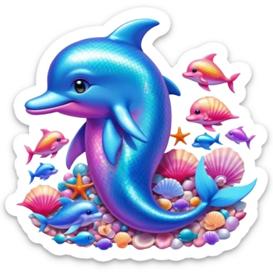 Emoji of a sparkly dolphin with blue and pink light aquamarine colours shells and mermaid vibes very 2000s mermaid aquatic aesthetic sticker