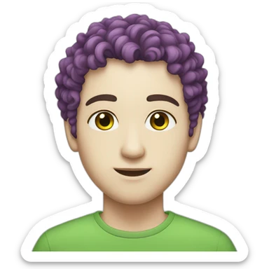 Male with white skin, green eyes, short violet curly hair, nose piercing sticker
