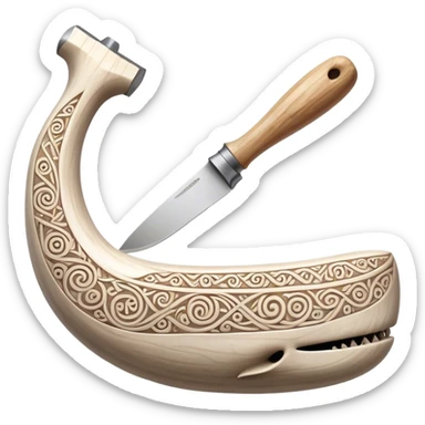 Scandinavian carving icon, whale bone with intricate Norse patterns, show chisels and carving tools, minimalistic style, clean lines, transparent background. sticker
