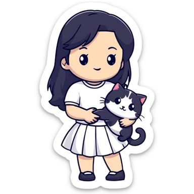 A beautiful girl with long black hair wearing a white skirt holds a cute white cat in her arms sticker