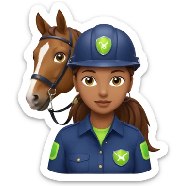 female with brown hair in ponytail, brown eyes, navy blue blouse with lime green Indie Services logo, emoji style, holding a horse riding helmet sticker