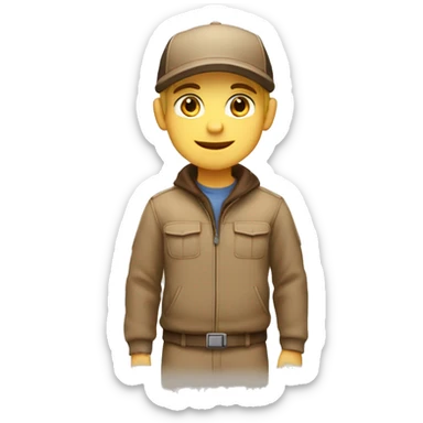 Blonde Delivery boy, full body, light skin tone, wearing brown cap and brown jacket, UPS delivery company uniform loading a package without background sticker