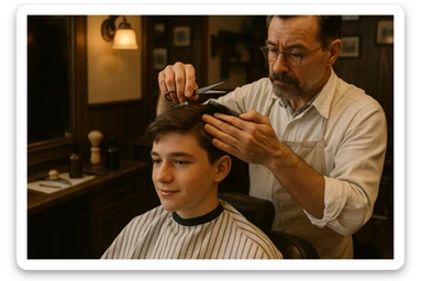 Sartaroshxonada soch olayotgan o'smirin usta sticker