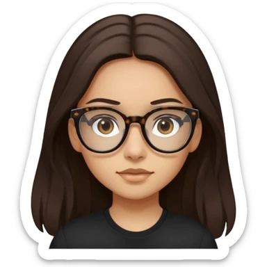 The girl with dark brown long hair, light skin, dark eyes, wearing black shirt and tortoise framed glasses sticker
