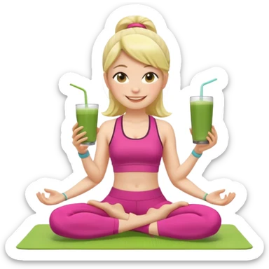 Девушка-мемоджи радостно сидит на коврике для йоги, в спортивной позе, в ярком стильном спортивном комплекте. Лицо сияющее, улыбка очень довольная и счастливая, в руках яркий стакан освежающего матча-лимонада, вокруг атмосфера свежести, отдыха и комфорта. Белый фон. sticker