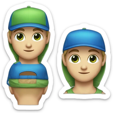 18 years old boy, green eyes, triangle head face shape, wearing a reverse blue cap sticker
