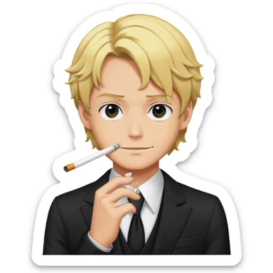 Sanji with blonde hair, black suit, cigarette, curly eyebrow sticker