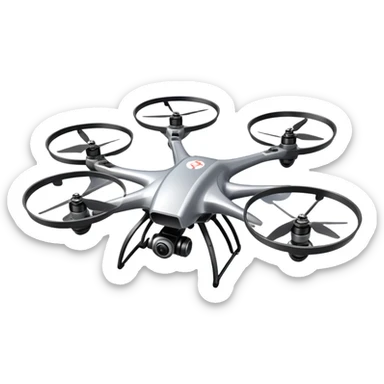 An icon showing a racing quadcopter drone in the foreground, flying at high speed through a course filled with obstacles and checkpoints. Other drones zoom in the background over a dynamic landscape. Transparent background highlights the thrill and precision of drone racing. sticker