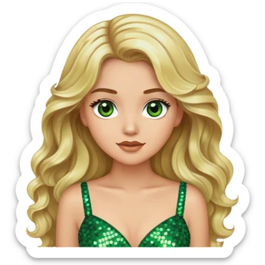 blonde model with brown eyes, long wavy hair, wearing a green sequin gown sticker