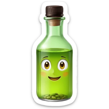 glass bottle small filled with translucent green liquid pistachio essence, narrow neck, simple unbranded label, dark cap, liquid slightly viscous and vivid, soft lighting, emoji scale sticker
