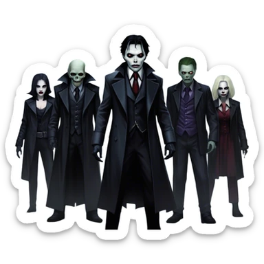 Icon for Thriller Movies: A large, dramatic collage featuring sinister villains and zombies in dark clothing. The background shows the gloomy cityscape of Gotham with dim lighting and eerie shadows. The atmosphere should be tense, mysterious, and suspenseful. Transparent background. sticker