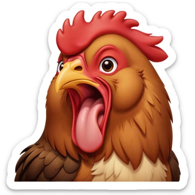 Cinematic Cute Yawning Brown Rooster Portrait Emoji, Head tilted slightly with a dramatic, wide-open yawn, showcasing a soft, downy brown plumage with a subtle red comb and drooping wings, round warm eyes barely open in drowsy contentment, Simplified yet irresistibly adorable features, highly detailed, glowing with a soft, cozy glow, high shine, relaxed yet expressive, stylized with a touch of whimsy, bright and endearing, soft glowing outline, capturing the essence of a sleepy yet affectionate rooster, so drowsy it feels like it could stretch out of the screen and curl up for a nap! sticker