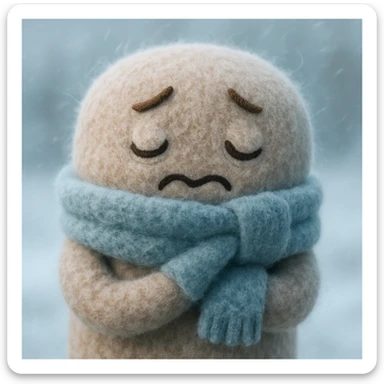 plush face, scarf up to nose, shivering, frosty air, cold weather, soft and cuddly sticker