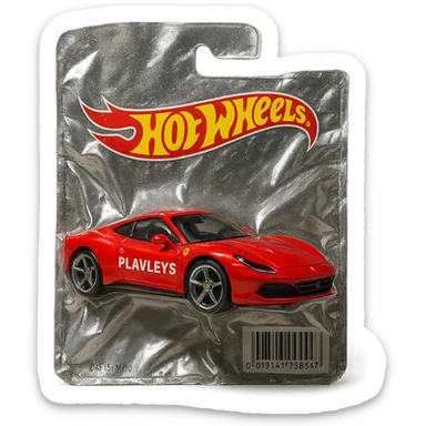 red Ferrari with 'PLAVLEYS' text on the side, packaged in a Hot Wheels blister pack, shiny and inflated, no background sticker