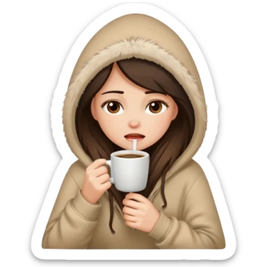 a brunette girl sitting cozily in a beige fur hoodie sipping coffee while crying sticker