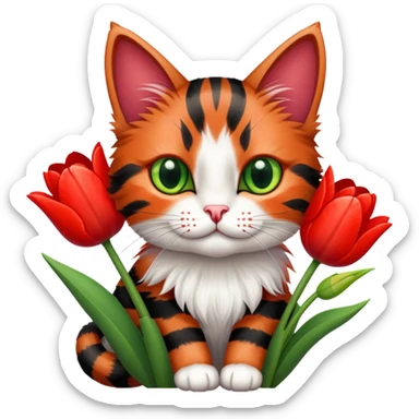 tricolor fluffy cat with big green eyes holding red tulips in her arms sticker