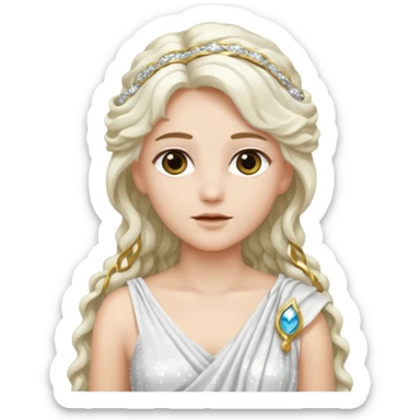 Artemis from Greek Gods with long white wavy hair, white sequin toga sticker