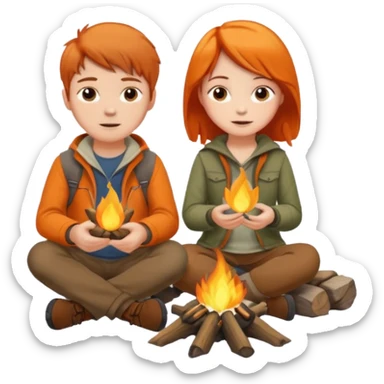 A Brown Haired boy and a orange haired girl sitting at a campfire sticker