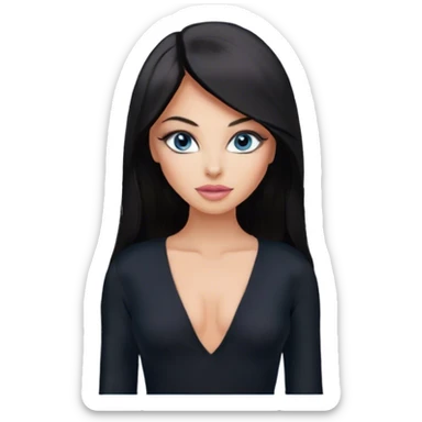 Glamours, tanned, beautiful, girl, with blue eyes, big pump peach-beige-rose lips, eyeliner, long lashes, black straight smooth silky long hair, parting hair in the middle,  in black v-neck bodysuit long sleeves sticker