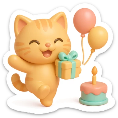ginger tabby kitten jumping with joy, holding a birthday gift, birthday cake and balloons in background sticker