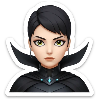 dark sci-fi villain female portrait, head and shoulders only, black armor, cape collar, intense eyes, sharp confident expression, subtle futuristic makeup, dramatic lighting, 3D cartoon, mobile game icon style, clean background, no text, no watermark
 sticker