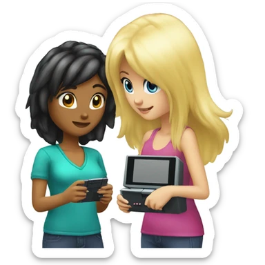  haired blonde and black hair girl playing nintendo ds sticker