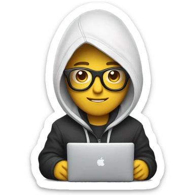a designer in glasses and a hoodie holds a mac book in his hands sticker