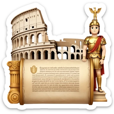 An icon featuring an ancient scroll, surrounded by famous historical landmarks and statues of notable figures, like the Colosseum or Napoleon. The design symbolizes the exploration of history through monuments and people. Transparent background highlights the pas sticker