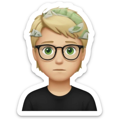 Generate me a profile picture like with a teenage boy who has dirty blond hair, green eyes, glasses and a black t-shirt sticker