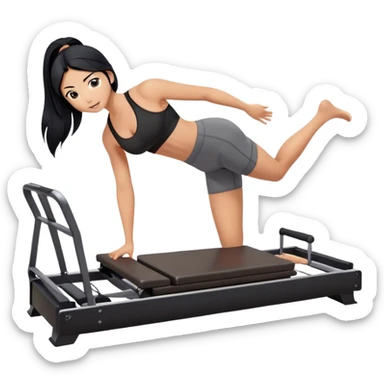 woman with tanned skin, long black hair, wearing a sports bra, doing Pilates on a reformer machine sticker