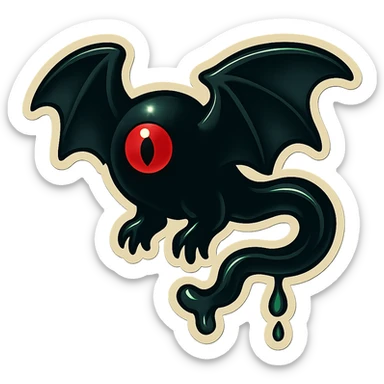 an all black reptilian bat-like creature. One cyclopian red eye in its face. no visible mouth or ears. 2 hind legs with claws. has a long tale with a stinger that drips green poison. no ears. no horns. no arms. sticker