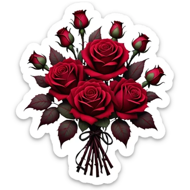 A surreal bouquet of Gothic roses, their petals drenched in crimson hues, from Venetian red to rustic tones, glowing against a dark, misty backdrop. The air is heavy with an eerie, romantic atmosphere, as if the flowers hold secrets of the past.
 sticker