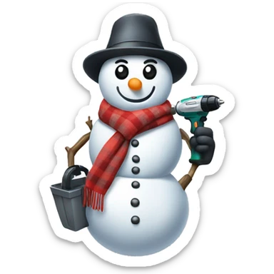 snowman with hat and scarf holding a drill in his right hand sticker