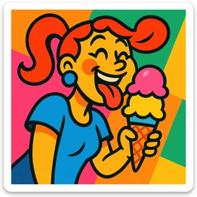 a woman licking an ice cream cone, vibrant and expressive, colorful vibrant toon style illustration sticker