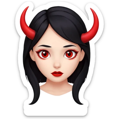 A girl's face with cheekbones, completely red skin, long black hair, small red horns, and red eyes. sticker