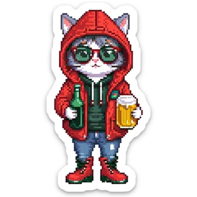 Catfish wearing red hooded winter jacket, round glasses, blue jeans, red boots, holding beer can with red label sticker
