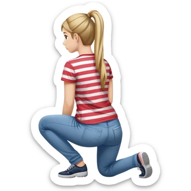 young woman with ponytail wearing jeans and striped t-shirt kneeling viewed from behind sticker
