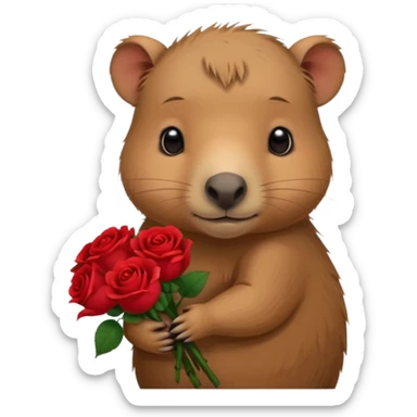Cute baby capypara with sad puppy dog eyes holding roses  sticker