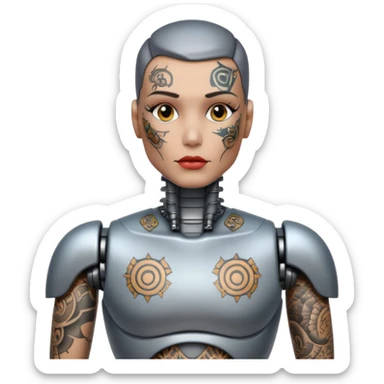 Tatooed robot, big many tatooes on chest, neck and face sticker