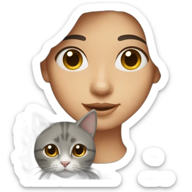 A woman with long wavy dark brown hair holding a grey cat sticker