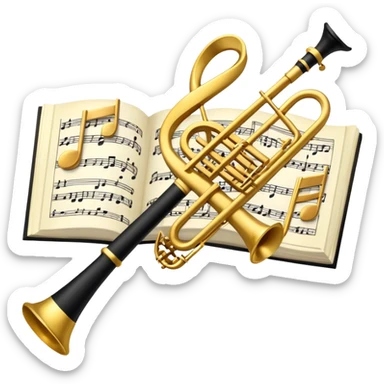 Create a sophisticated and elegant emoji that represents orchestration and arrangement. The design should feature a conductor’s baton, musical notes, and a symphonic score, symbolizing the process of arranging and orchestrating music. Incorporate instruments like a violin, trumpet, and piano keys subtly in the background, representing different sections of the orchestra. Use classical and refined colors such as gold, deep red, and black to evoke the grandeur and precision of orchestration. The background should be transparent. sticker
