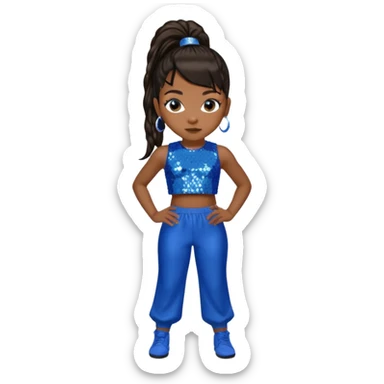 Left Eye from TLC with long dark brown ponytail hair, blue sequin crop top and pants sticker