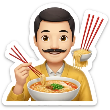 Chinese guy, yellow emoji, with long moustache smiling with ramen sticker