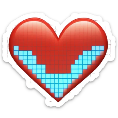 A pixelated heart in bright red with an electric blue glow. The background is a grid pattern, styled like a retro video game screen.   sticker