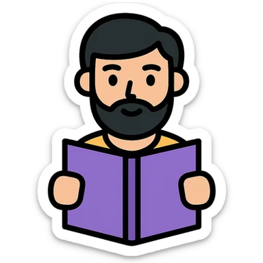 a white young man with a black beard, straight hair, and brown eyes reading a lilac-colored book, modern flat icon style sticker