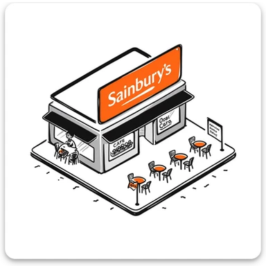 Isometric Sainsbury's supermarket with orange branding, Nectar card logo visible, shopping trolley collection points, and cafe area with outdoor seating sticker