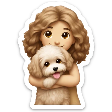 Maltipoo hugging smiling girl with brown long hair sticker