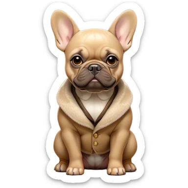 Cinematic Noble Fawn French Bulldog Portrait Emoji, Poised and regal, with a compact, muscular build and a sleek, well-groomed fawn coat, deep-set soulful dark eyes, Simplified yet sharp and sophisticated features, highly detailed, glowing with a soft, dignified glow, high shine, intelligent and determined, stylized with an air of authority, focused and attentive, soft glowing outline, capturing the essence of a watchful and confident companion, so majestic it feels as though it could strut out of the screen with effortless authority! sticker