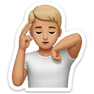 man holding his hands on the side of his head pointing finger guns at his head from the side with his eyes closed  sticker